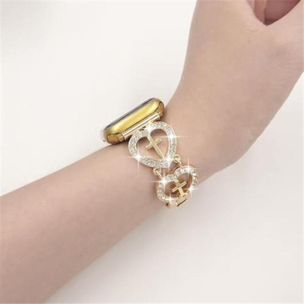 NEW Gold Bling Rhinestone Cross Heart Apple Watch Band - Picture 4 of 4